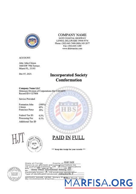 Printable USA Florida incorporated society comformation Word and PDF template